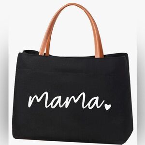 Black Canvas Mama Tote Bag Brown Vegan Leather Handles Gift Ready NWOT
